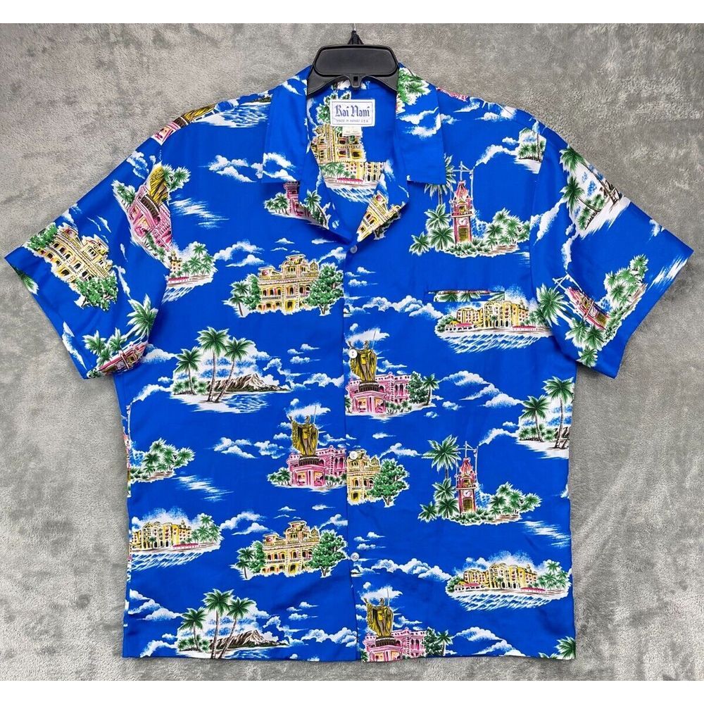 VTG Rai Nani Men's Hawaiian Shirt XL Blue Famous‎ Island Sites Polyester